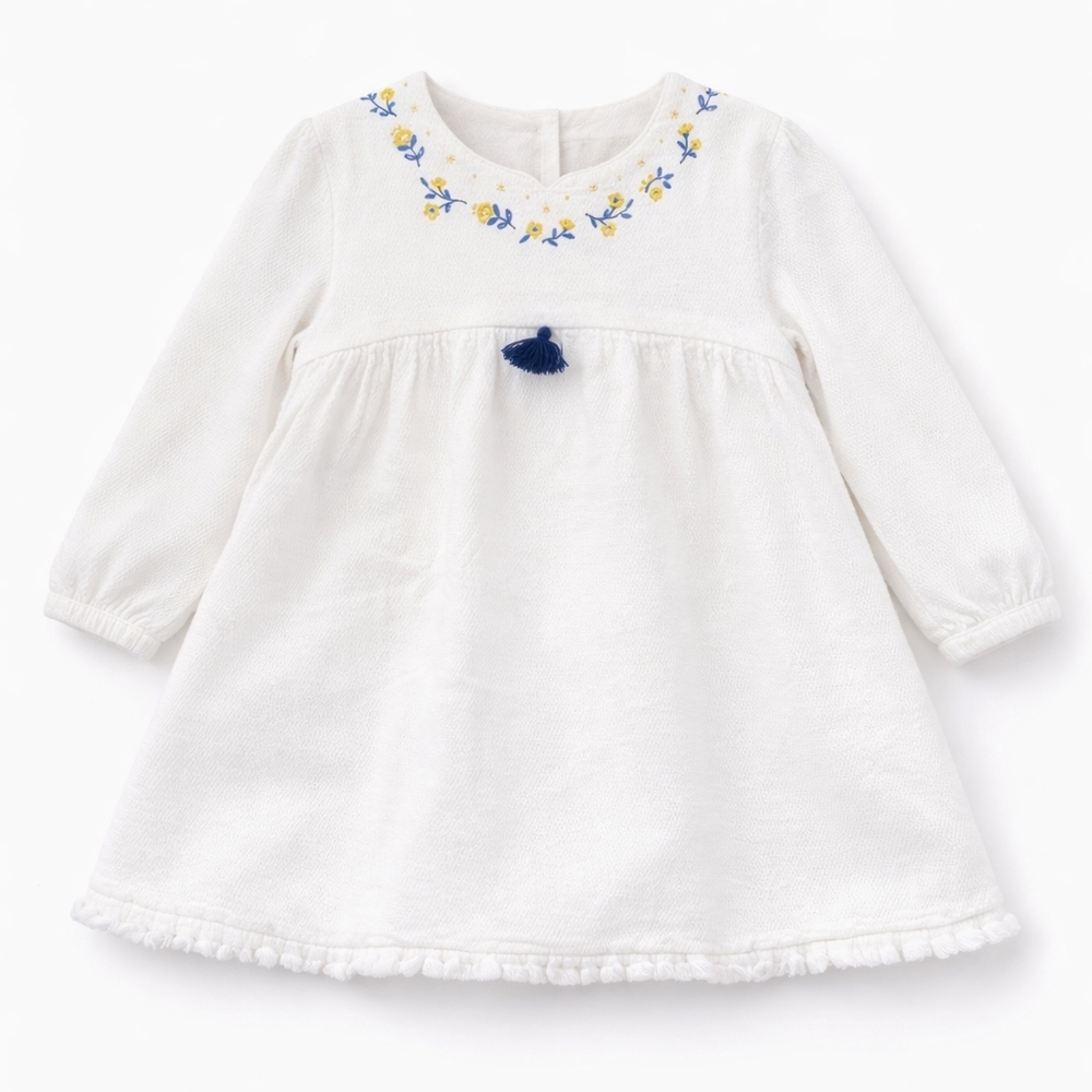 White Embroidered Toddler Dress Lined | 10–24 Months